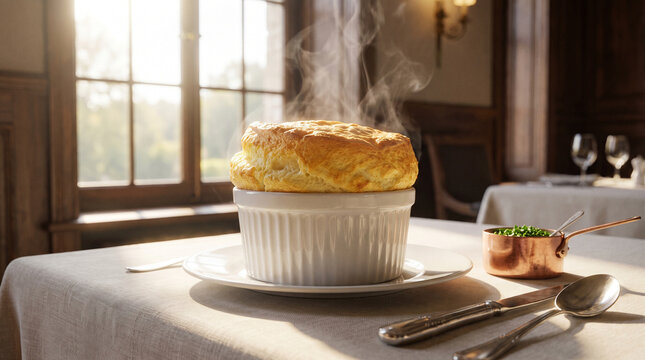 Perfectly risen golden Cheese Souffl&eacute; served in a white ramekin on a luxury restaurant table. Soft sunlight perfectly highlights the delicate airy texture of the crust.