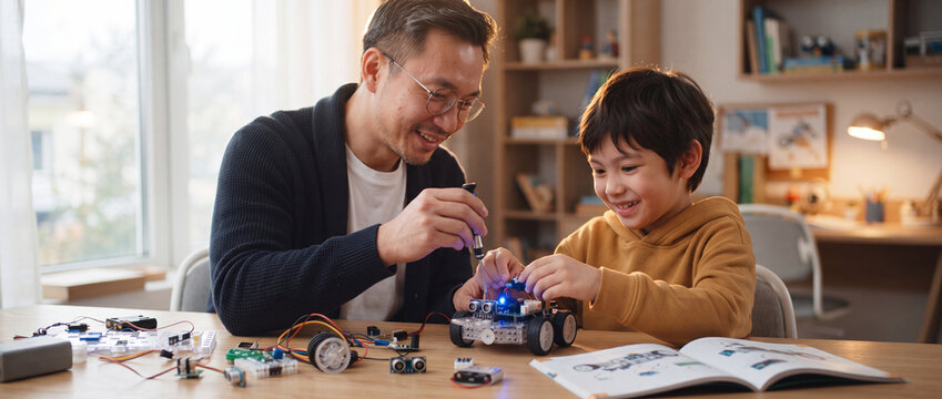 Father and son building DIY robot car at a wooden table at home, assembling electronic components with a screwdriver for STEM education and robotics engineering learning