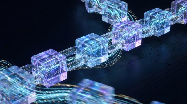 Digital blockchain network of interconnected cubes with glowing data streams.