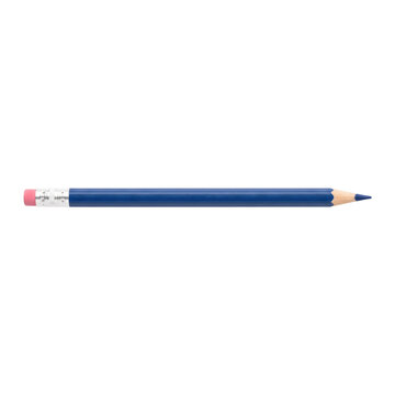A single blue pencil with a pink eraser and sharpened tip on a white background