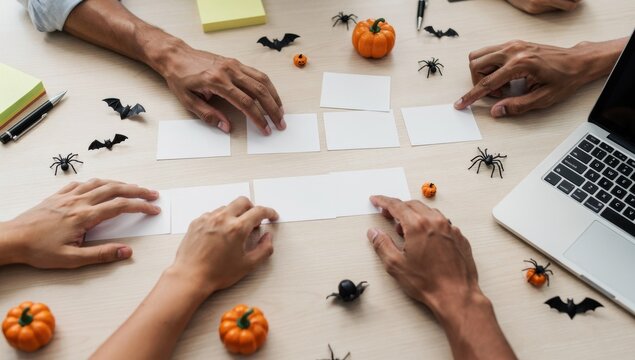 ​Top view of creative team hands organizing wireframe mockups on desk decorated with halloween pumpkins and spiders