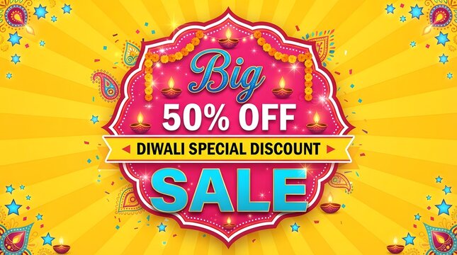 Diwali big sale banner with 50 percent off discount, featuring traditional diya lamps and marigold flower garlands on a yellow background