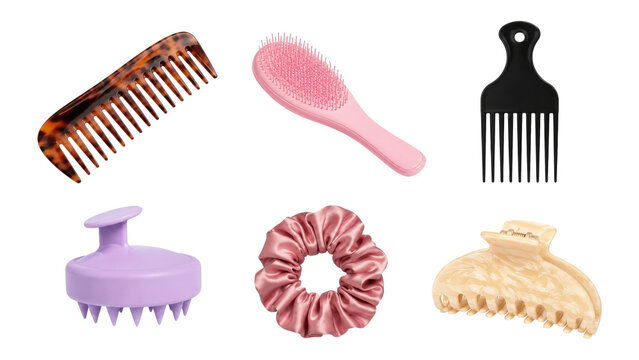 Set of six hair accessories including combs, brushes, a satin scrunchie and a claw clip in pink, purple, tortoiseshell and beige