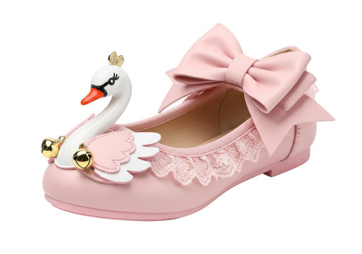 Whimsical pink swan flat shoe with decorative bow and jingle bells isolated on transparent background