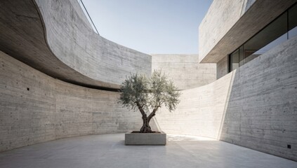 Fototapeta premium Olive tree planted in a modern minimalist concrete courtyard