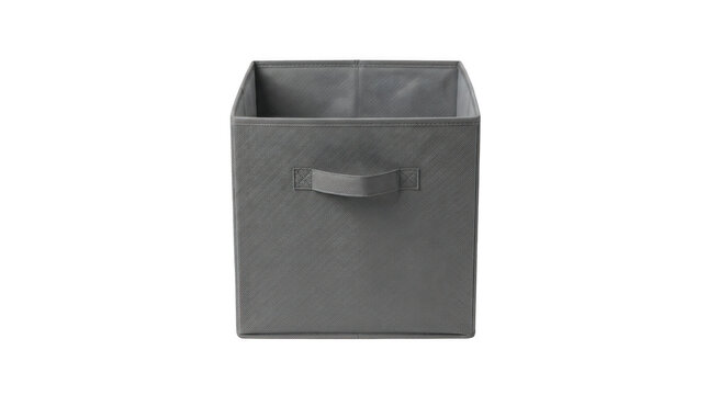Grey fabric storage bin with handle isolated on transparent background for closet and home organization