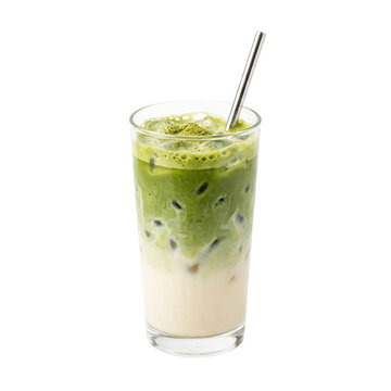 Refreshing iced matcha latte with milk and ice in a tall glass