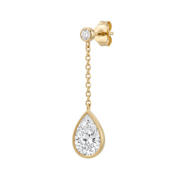 Elegant gold dangle earring with a pear-shaped diamond and a small round diamond accent