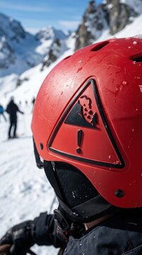 Cautionary Hazard Sign On Red Ski Helmet In Snowy Mountain Setting