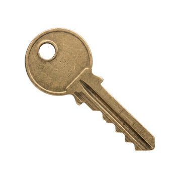 Single brass key with a circular head and serrated bit isolated on white