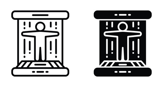 Full body scanner icon set showing human figure inside security portal for airport safety medical imaging and futuristic teleportation technology