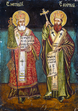 Byzantine icon from Bulgaria depicting Saints Cyril and Methodius, the two Byzantine brothers and missionaries known as the 'Apostles to the Slavs'.