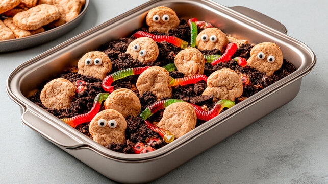Halloween dirt cake dessert with cookie tombstones, chocolate crumbs, colorful gummy worms and candy eyes arranged in a baking tray
