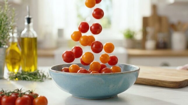 Fresh Cherry Tomatoes Falling into a Bowl in a Bright Kitchen.