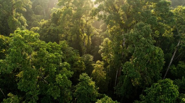 Lush green forest canopy bathed in warm sunlight aerial view.