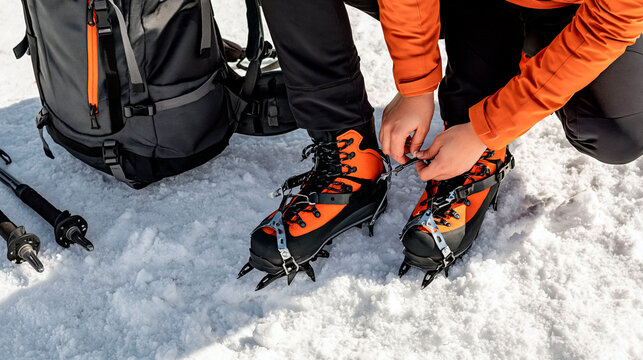 Mountaineer fastening crampons onto orange climbing boots on snowy terrain with backpack and trekking poles during a winter alpine adventure