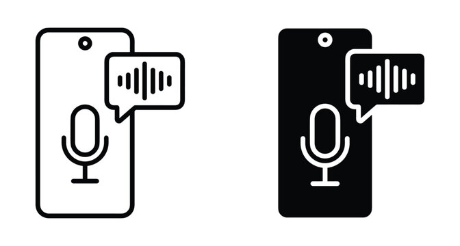 Smartphone voice assistant icon set with microphone and sound wave speech bubble for mobile app interface design and communication technology