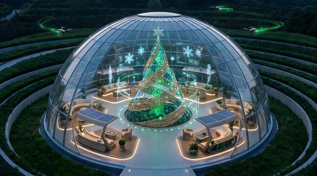 A futuristic glass dome structure containing a glowing, geometric christmas tree in a modern, landscaped garden setting with flying drones