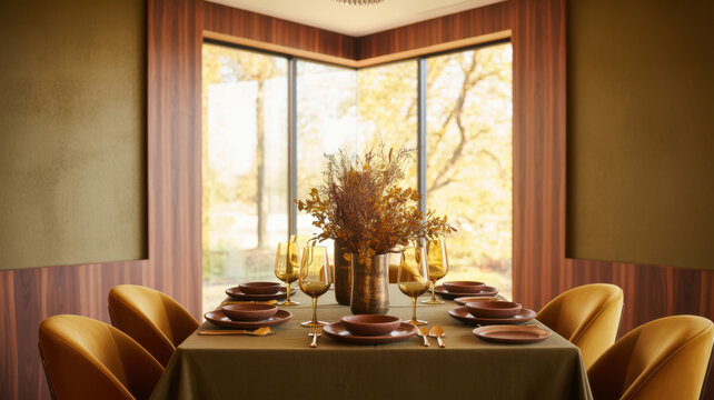 Elegant Dining Room Setup Featuring Autumnal Table Decor and Warm Colors for a Cozy Fall Season Festive Gathering and Holiday Celebration
