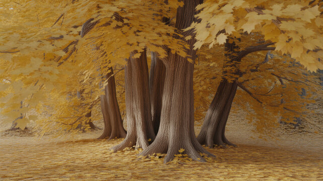 Golden Autumn Forest Scene with Vibrant Yellow Maple Leaves and Sunlight Filtering Through Dense Woodland Trees
