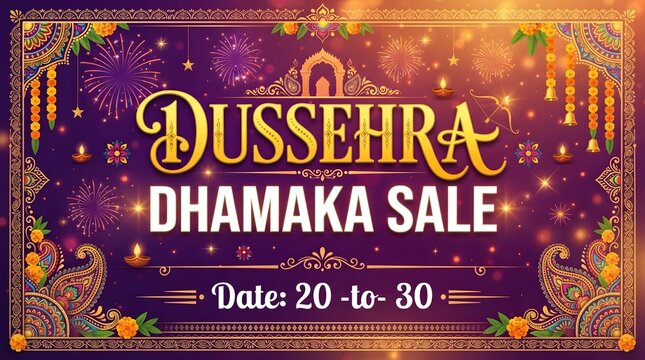 Dussehra dhamaka sale banner with traditional indian decorations, marigold flowers, diyas, and fireworks on a purple background