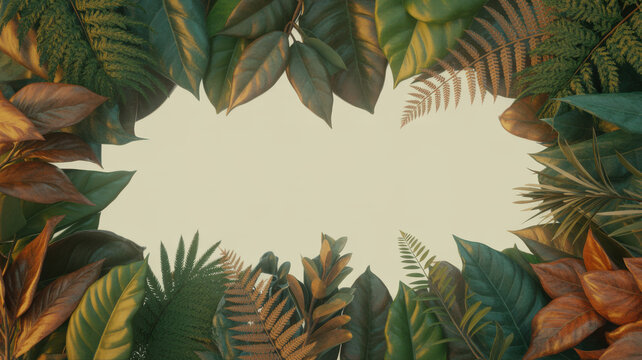 Elegant Autumnal Foliage Border Featuring Vibrant Fall Leaves and Tropical Ferns for Seasonal Botanical Graphic Design Projects
