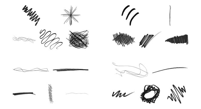 Hand drawn charcoal pencil scribble marks and texture strokes isolated PNG overlay set