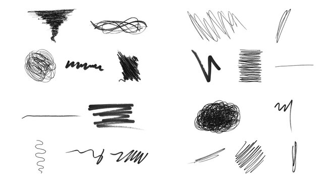 Black pencil scribble strokes and charcoal texture marks isolated on transparent background