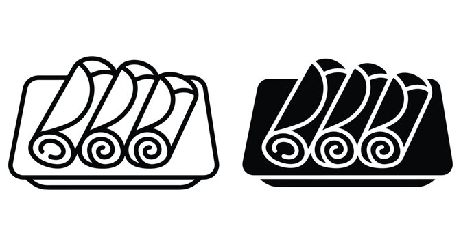 spring rolls icon set featuring three rolled crepes on a plate in outline and solid black minimalist vector graphic style