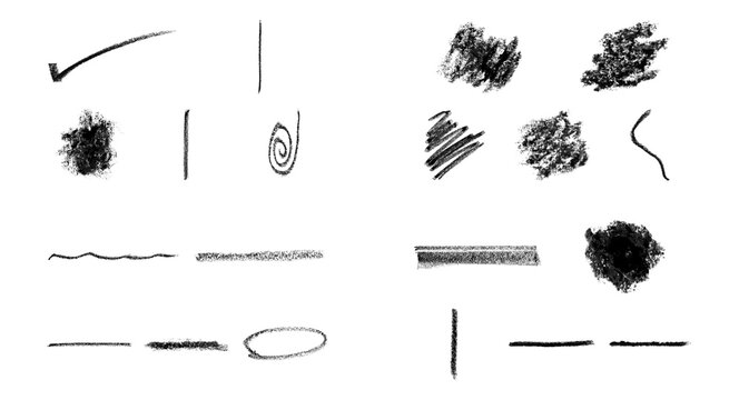 Black charcoal pencil strokes and hand drawn scribble marks set isolated on transparent background
