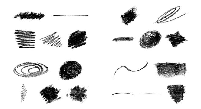 Black charcoal pencil scribble strokes and hand drawn texture marks isolated PNG overlay