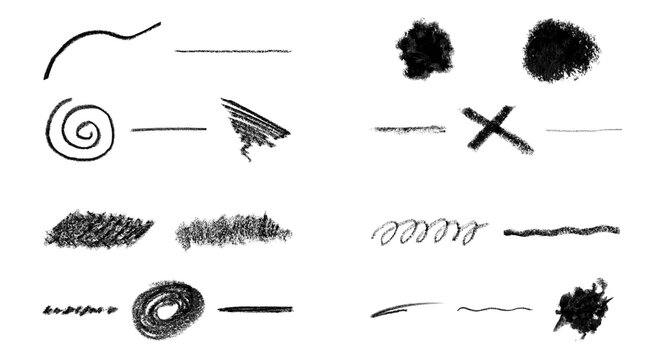 Hand drawn charcoal pencil strokes and scribble marks set isolated on transparent background