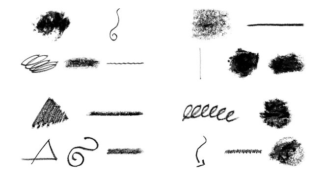 Black charcoal pencil brush strokes and scribbles set isolated on transparent background