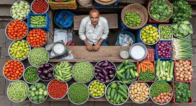 Top-Down View of a Male Vendor Sitting at a Wooden Stall and Looking Up, Surrounded by Baskets of Fresh and Colorful Vegetables