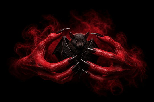 Black bat surrounded by red monster claws and red smoke on dark Halloween background