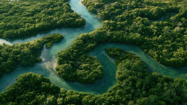 Winding river flows through a dense green rainforest canopy, creating an intricate natural meander captured from a high aerial perspective during daylight.