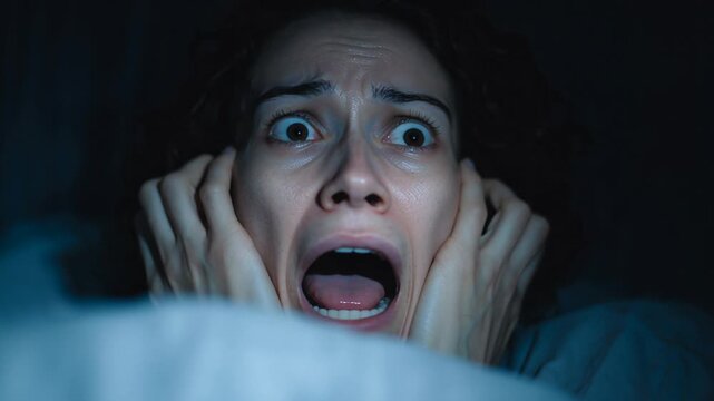 Young woman in dark bedroom gripping face in terror, beads of sweat on forehead, wideeyed stare at unseen screen, shallow breathing and tense posture convey
