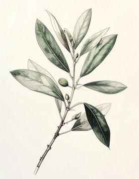 Delicate olive sprig rendered as a minimalist botanical ink drawing
