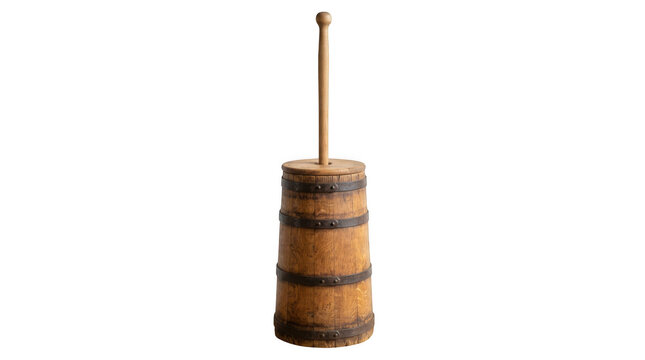 Antique wooden butter churn isolated on transparent background for rustic kitchen decor and traditional food production