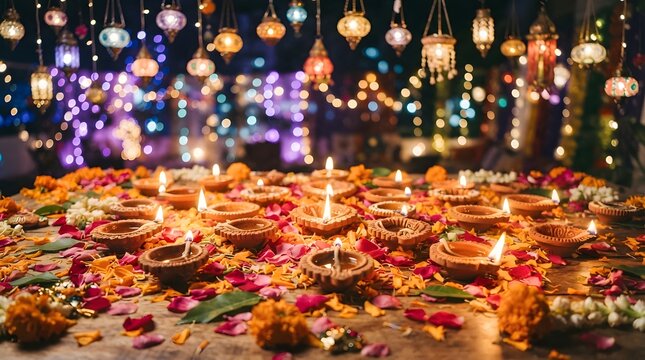 Festive arrangement of glowing clay diya lamps and colorful flower petals for diwali celebration