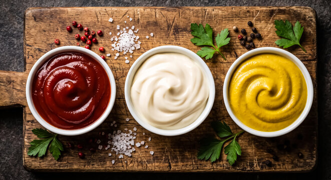 Gourmet condiment set with ketchup, mayonnaise, and mustard. Assorted sauces in white bowls on rustic wooden board. Top view of food dips.