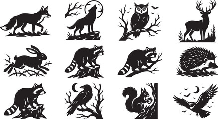 Fototapeta premium Wild woodland forest animals black linocut silhouette icon set vector illustration