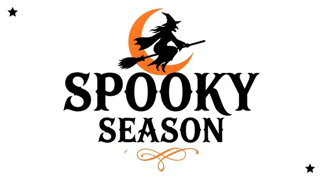 A festive halloween design featuring a black witch silhouette flying on a broomstick in front of a glowing orange crescent moon in