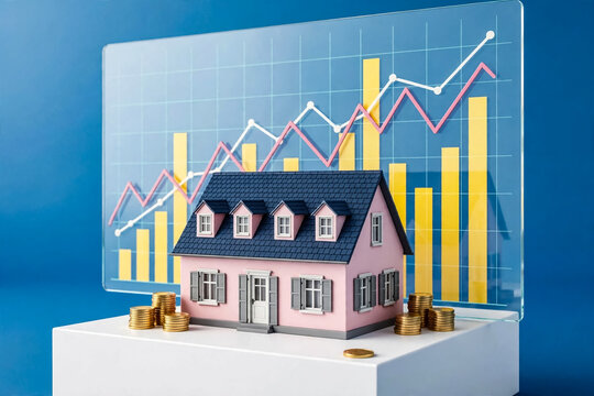 Real estate market growth concept, pink house model with rising financial charts and gold coins, property investment and mortgage trends