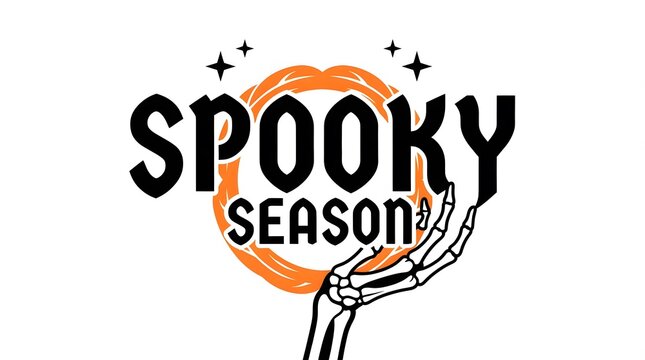 A festive halloween design featuring the text spooky season in bold black lettering with a skeletal hand reaching up towards an orange