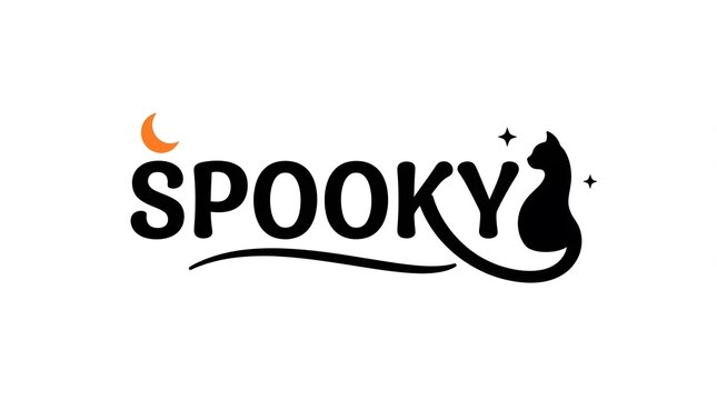 Creative spooky typography design featuring a black cat silhouette integrated into the text with a small crescent moon and stars positioned above