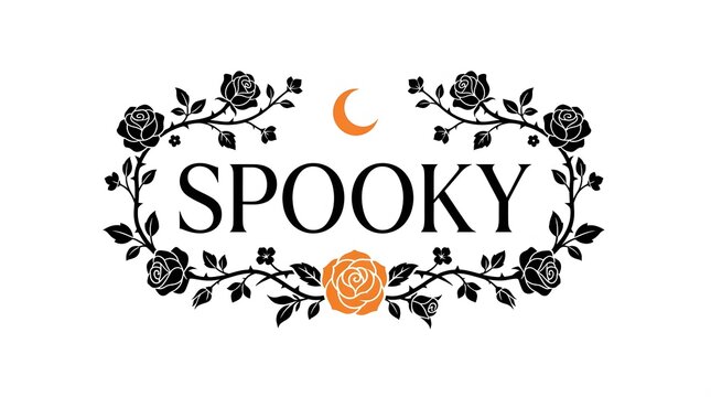 A decorative spooky text design featuring elegant black roses and a crescent moon isolated on a clean white background for halloween graphic