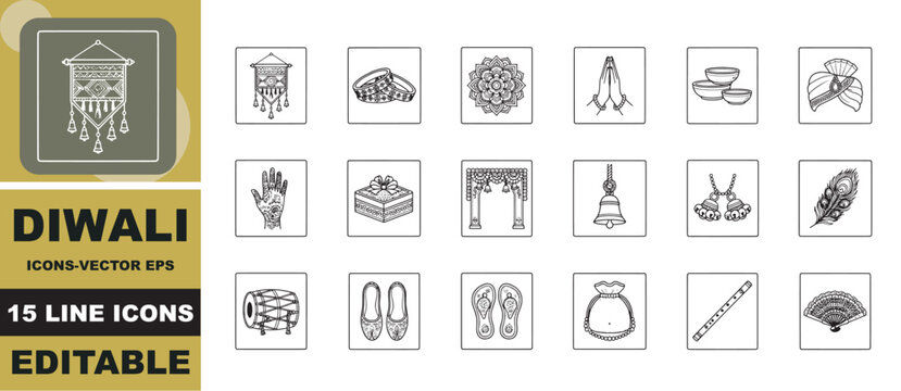Diwali festival icon collection Comprehensive Diwali festival icon collection highlighting traditional wall hangings and cultural symbols in vector format