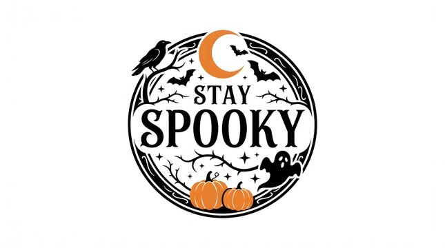 A circular halloween badge design featuring the text stay spooky with illustrations of bats a crescent moon pumpkins and a ghost on