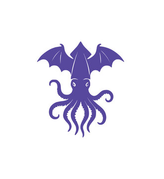Vampire Squid with Bat Wings icon. Purple silhouette of a creepy deep sea monster with flying creature appendages, ideal for dark fantasy and Halloween designs